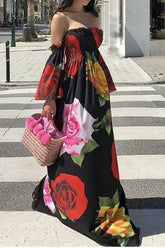 Vestidos largos con hombros descubiertos, corte A y estampado blanco